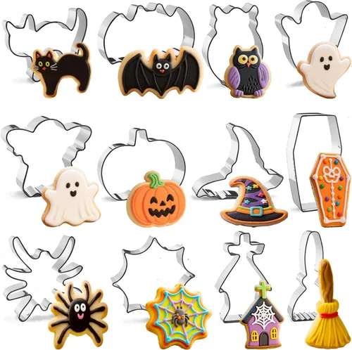 Juego de 12 cortadores de galletas de Halloween, de acero inoxidable, lindo cortador de galletas, incluye calabaza, fantasma, bruja, zombi, cráneo,