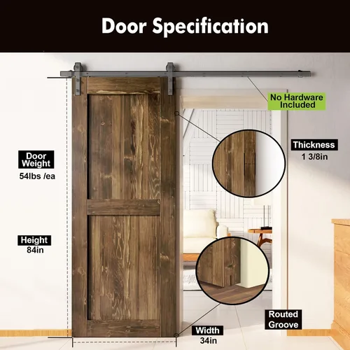 Miniatura 3 de Homacer Puerta de granero de madera maciza de 34 pulgadas de ancho x 84 pulgadas de alto x 1-3/8 pulgadas de profundidad, acabado y sin ensamblar
