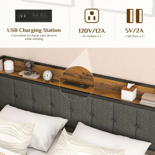 Miniatura 3 de Base de cama de plataforma tamaño Queen con cabecera tapizada y puertos USB para carga, sin somier, soporte fuerte y sin ruido, fácil montaje Marrón