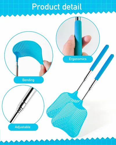 Miniatura 6 de Wapodeai Paquete de 2 matamoscas resistente, matamoscas telescópico, mango de acero inoxidable para matamoscas (azul)