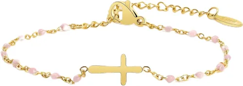 Miniatura 15 de Pulsera de Cuentas con Cruz Chapada en Oro de 14K para Mujeres, Pulsera de Acero Inoxidable Ajustable con Cruz de Fe Religiosa, Pulsera de Cadena