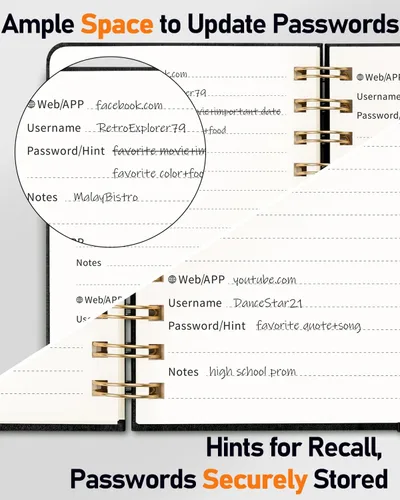 Miniatura 41 de WEMATE Libro de contraseñas con pestañas alfabéticas, libro en espiral para personas mayores, cuaderno de contraseñas de Internet, diario