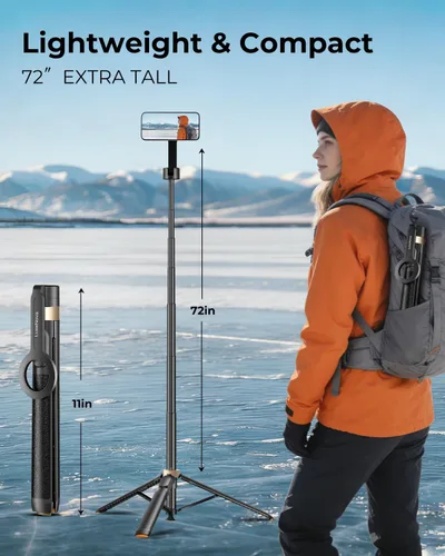Miniatura 5 de Trípode magnético para selfie stick de 72 pulgadas para iPhone MagSafe, soporte de trípode extensible para teléfono con control remoto Bluetooth