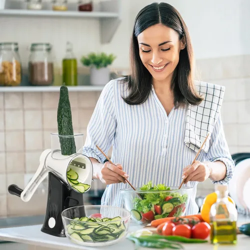 Miniatura 7 de X Home Rallador de queso giratorio para cocina, triturador con 3 cuchillas intercambiables, rallador giratorio con mango y base de succión fuerte