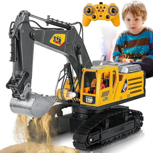 Juguete de construcción de excavadora a control remoto, 14 canales 2.4Ghz RC con pulverización de motor real de simulación, rotación de 680°, pala