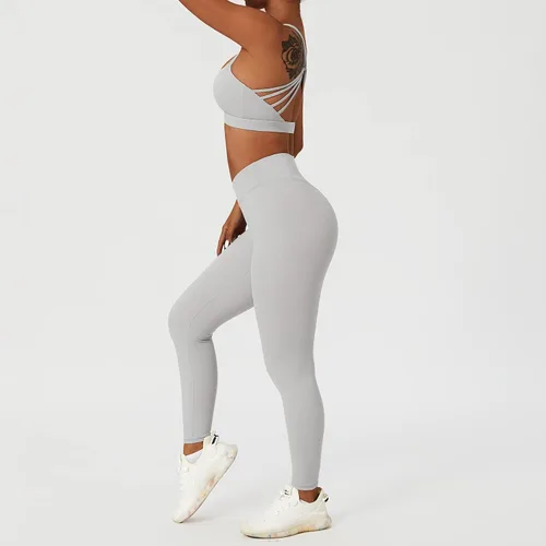 Miniatura 5 de ABOCIW Conjuntos de entrenamiento para mujer, 2 piezas, cintura cruzada, leggings de cintura alta, tirantes deportivos, para ejercicio, gimnasio