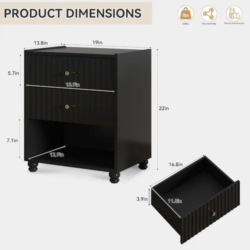 Miniatura 2 de Moderna mesita de noche, mesa auxiliar acanalada con 2 cajones, mesita de noche con estante abierto para dormitorio (1, negro)