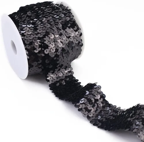 Cinta elástica de lentejuelas de 1.6 pulgadas de ancho, ribete de lentejuelas metálicas negras, encaje elástico de 5 yardas para coser ropa, Plata