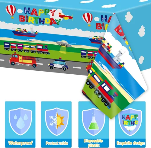 Miniatura 4 de Wiooffen 3 Piezas Manteles de Cumpleaños de Transporte Suministros de Fiesta de Tráfico Cubierta de Mesa de Vehículo de Transporte Mantel Desechable