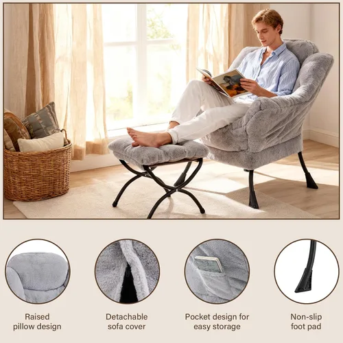 Miniatura 4 de Welnow - Silla perezosa con otomana, moderna silla de descanso con reposabrazos y bolsillo lateral, sillón de sofá tapizado de ocio, sillón