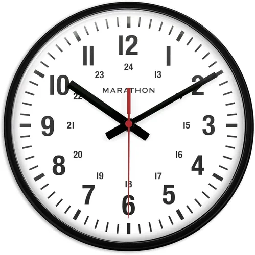 MARATHON Reloj de pared analógico silencioso de barrido continuo de grado comercial de 10 pulgadas con marcadores de 12/24 horas, números grandes y