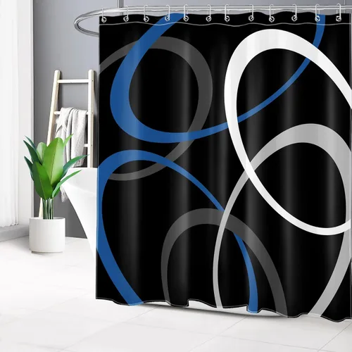 Miniatura 29 de EOBTAIN Cortina de ducha con patrón geométrico azul para baño, cortina de ducha abstracta gris y blanca sobre tela negra con 10 ganchos, cortinas