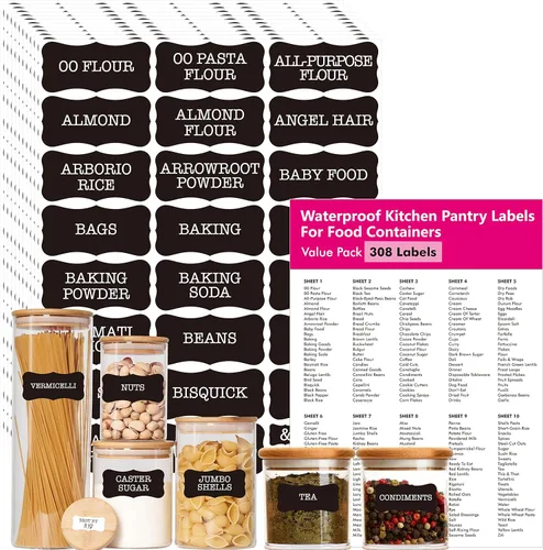 Hebayy 308 etiquetas para despensa de alimentos, 280 etiquetas preimpresas para harina, pasta, lentejas, granos, condimentos y aceite, 28 en blanco,