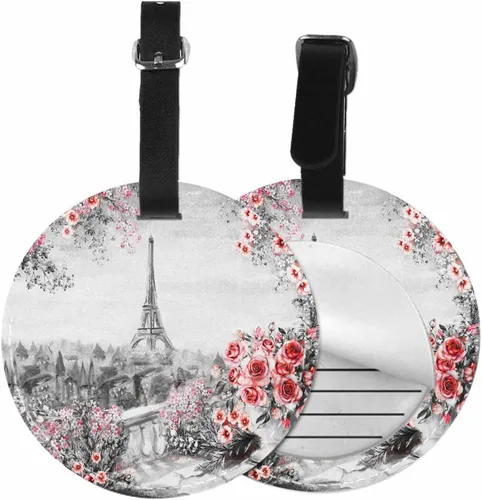 TKS MITLAN Etiquetas de equipaje de la Torre Eiffel blancas y rojas para maletas de verano en París con flores y hojas de cuero, etiqueta con