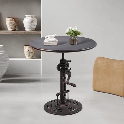 Miniatura 9 de Mesa auxiliar redonda de 19.6 pulgadas, estilo industrial, mesa de té de metal, manivela de mano, mesa auxiliar de altura ajustable para sala