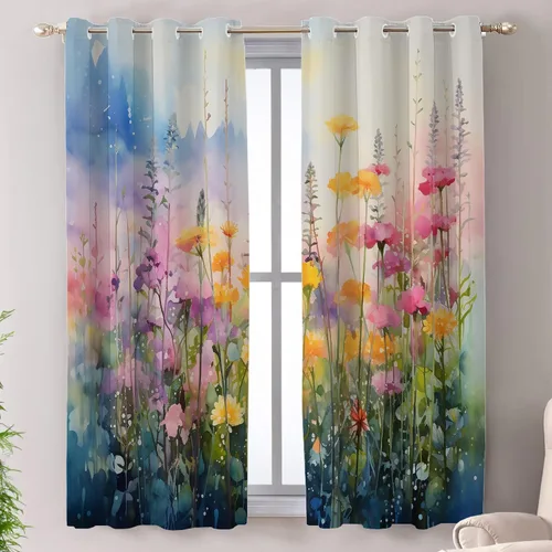 Miniatura 15 de Shrahala Floral Abstract Design Blackout Curtain Tiers, Minimalist Flower Illustration Kitchen Valance Light Blocking Tier Drapes with Rod Pocket, 2