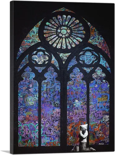 ARTCANVAS Banksy - Lienzo decorativo con diseño de graffiti de vitral, color azul, enmarcado estirado, póster de pared giclée, 12 x 8 pulgadas (0.75
