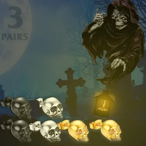 Miniatura 8 de 3 pares de aretes de calavera de Halloween, aretes de hip-hop, aretes retro para hombres y mujeres, aretes de calavera gótica, aretes Cool Rock punk