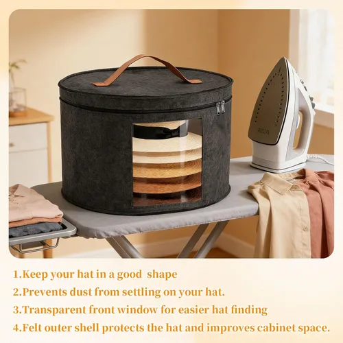 Miniatura 5 de Cajas de almacenamiento para sombreros para mujeres y hombres, caja redonda de almacenamiento de sombreros de fieltro para armario, vaquero, borde