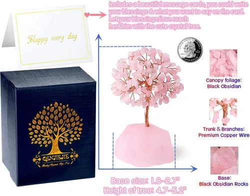 Miniatura 5 de QINJIEJIE Árbol de cristal de cuarzo rosa, cristales curativos, decoración de escritorio rosa, árbol de piedras preciosas naturales, base de alambre