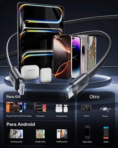 Miniatura 2 de Cargador de pared retráctil 4 en 1 para iPhone 17 USB C, multipuerto de ladrillo esencial de viaje, iluminación de 3 pies + cables tipo C, bloque