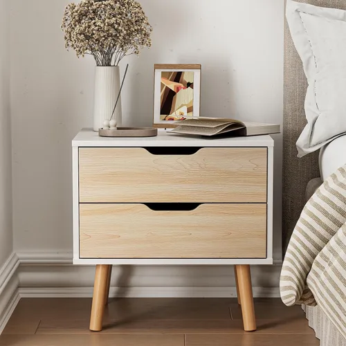Miniatura 4 de BVIUNTWO Mesita de noche blanca con 2 cajones para dormitorio, pequeña cómoda de roble blanco con cajones, mesa auxiliar, mesa auxiliar