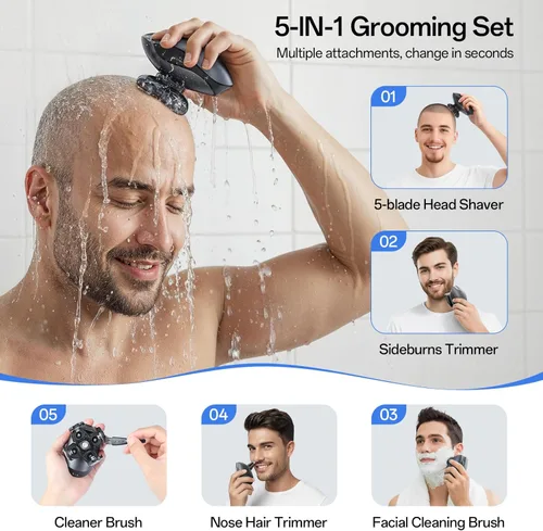 Miniatura 5 de Maquinilla de afeitar eléctrica para hombres, afeitadora de pelo de cabeza y cuerpo para hombres, afeitadora inalámbrica recargable para cabeza Gris