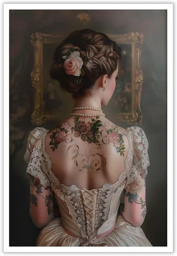 Pintura retro de chica con estilo vintage en lienzo con estampado de rosas, póster estético antiguo, chica victoriana de estilo moody, arte de pared