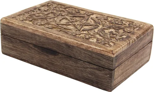 Miniatura 4 de DharmaObjects Caja de almacenamiento de madera tallada a mano para joyería (Triple Moon, grande)