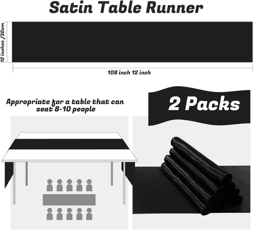 Miniatura 2 de Paquete de 2 caminos de mesa negros de 12 x 108 pulgadas, camino de mesa rectangular de seda satinada suave para bodas, banquetes, decoración