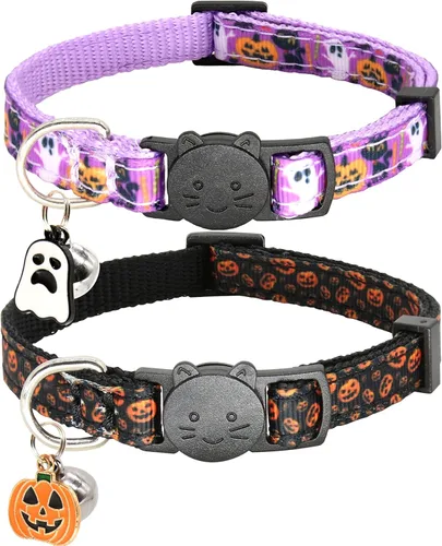 Miniatura 8 de Collar de Gato de Halloween, Juego de 2 Collares Separables para Gato con Campanas, Adorno de Fantasma de Calabaza y Murciélagos Halloween