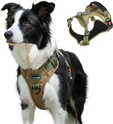 Arnés táctico para perro de tamaño M sin tirones, con asa y ribete reflectante, arnés ajustable para el pecho con clips de correa delantera y Caqui