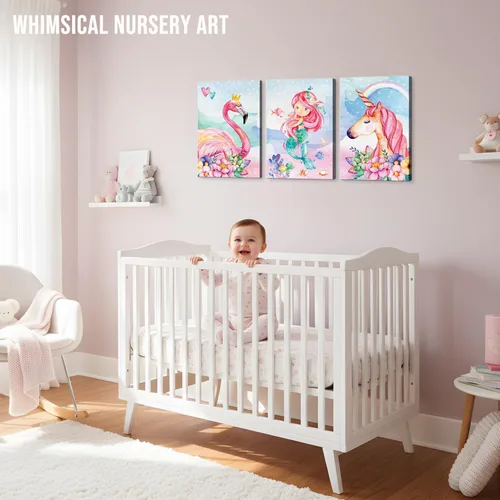 Miniatura 6 de Imágenes de decoración de pared de unicornio rosa para habitación de niñas, dormitorio, baño, arte de pared lindo de sirena, flamenco, acuarela