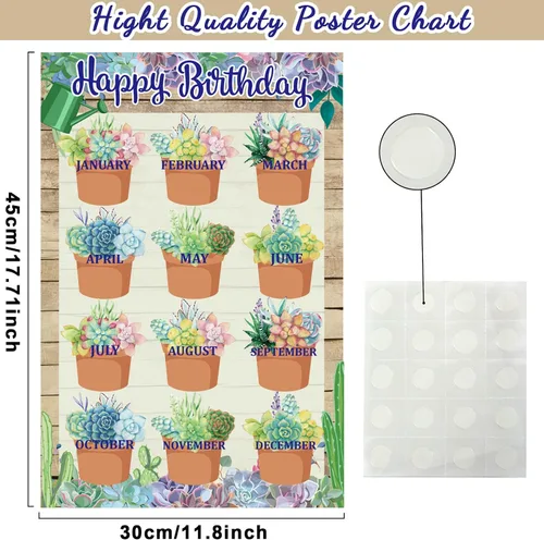Miniatura 2 de Tabla de feliz cumpleaños para aula, 2 unidades, decoración de póster de cumpleaños de 17 x 12 pulgadas, recortes de calendario de suculentas
