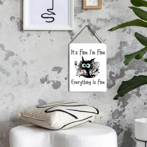 Miniatura 6 de GUDIAO Letrero colgante de madera con diseño de gato positivo "It's Fine Positive Cat", arte de pared de madera rústica para sala de estar