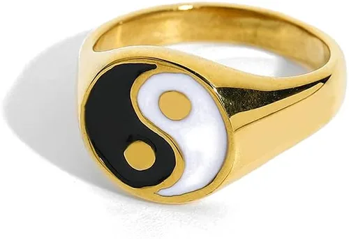 Yin and Yang - Anillo de banda para mujeres, hombres, parejas, hipoalergénico de acero inoxidable chapado en oro de 18 quilates, Tai Chi, equilibrio