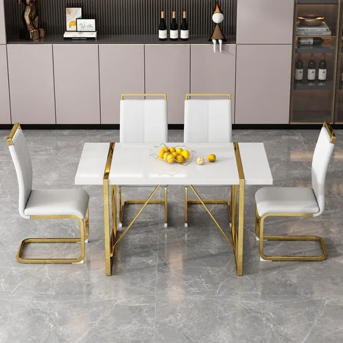 Miniatura 17 de Mesa de comedor Ebullient para 4, mesa de comedor rectangular negra de MDF, tapa de mesa de cena de mármol falso, mesa de comedor moderna con marco