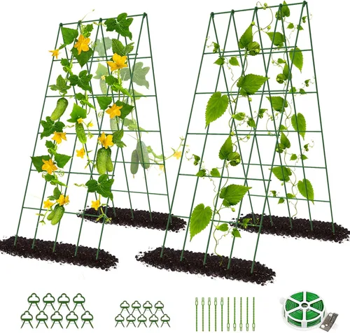 Miniatura 13 de DoCred Enrejado de jardín de metal con marco en A, 2 unidades, acero recubierto de PVC, perfecto para pepinos, calabaza, guisantes, enredaderas