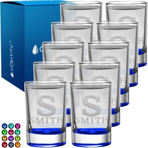 Juego de 10 vasos personalizados de 2 onzas grabadas con nombre, parte inferior azul con texto personalizado para bodas, recuerdos de fiesta, regalo