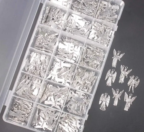 Miniatura 3 de ChangJin - Una caja de 180 dijes de ángeles de metal plateado envejecido para hacer joyas en almacenamiento (7 estilos), Metal, No es una piedra