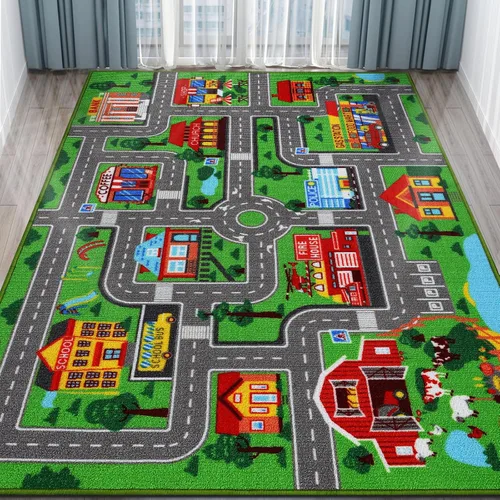 Alfombra de juego para niños, alfombra de autos para niños, alfombra antideslizante con diseño de mapa de ciudad para niños, alfombra para sala de