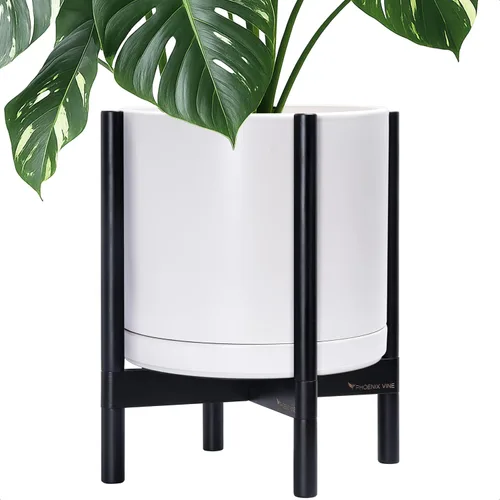 Miniatura 8 de D'vine Dev Maceta de cerámica con soporte de ébano – Maceta redonda moderna de 8 pulgadas con soporte para maceta de madera, color negro, 55-B-M-2