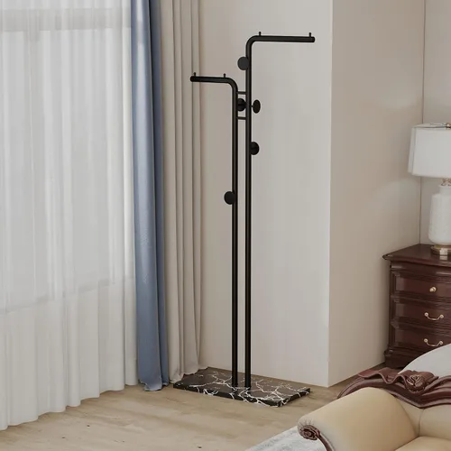 Miniatura 7 de HKaikzo Perchero de doble polo independiente, moderno perchero de metal con 5 ganchos y base de mármol natural, para dormitorio, oficina, pasillo