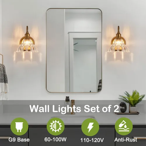 Miniatura 2 de Aplique de pared de latón vintage bronce, luz de pared de baño hecha de cuerpo de cobre electrochapado y vidrio estampado prensado, luces de tocador
