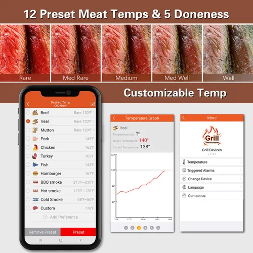 Miniatura 4 de BFOUR Termómetro de carne inalámbrico Bluetooth, termómetro digital LCD para carne con doble sonda, termómetro remoto inalámbrico para ahumador