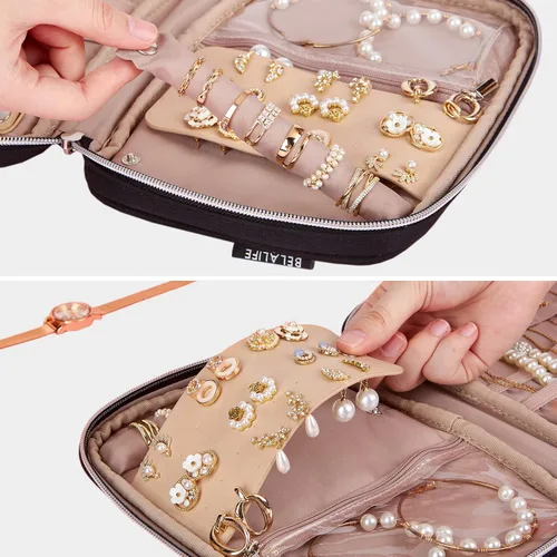 Miniatura 3 de BELALIFE Organizador de joyas de viaje, estuche portátil de almacenamiento de joyas para aretes, anillos, collares, pulseras, color negro