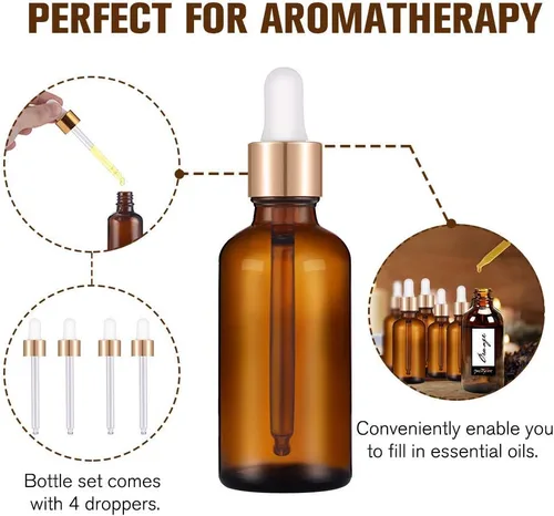 Miniatura 2 de PrettyCare Paquete de 4 botellas con cuentagotas de aceites esenciales, botellas vacías de tintura para cuidado personal y belleza, Ámbar