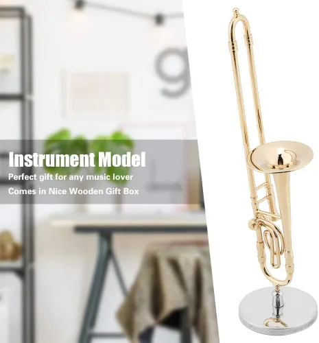 Miniatura 5 de Trombon Miniatura Trombón Ornamento Trombón Instrumento Musical Miniatura Modelo Trombón Con Supoort Y Estuche Para Casa De Muñecas Decoración De