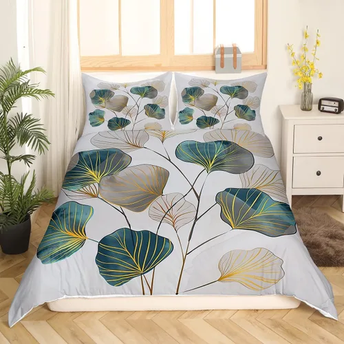 Miniatura 3 de Feelyou Funda de edredón de hojas de ginkgo, juego de ropa de cama con diseño de hojas botánicas para niños y niñas, funda de edredón de microfibra