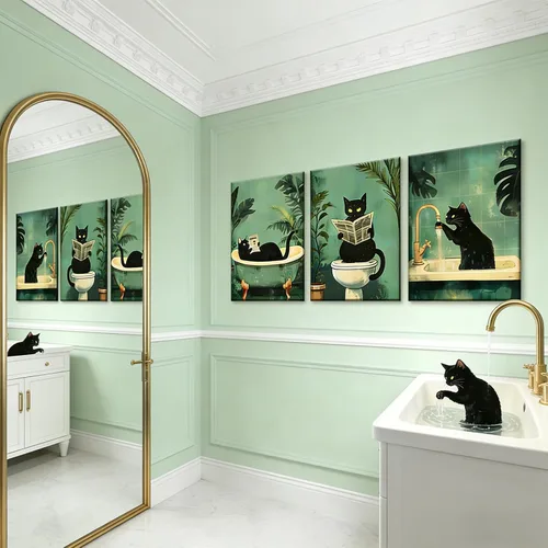Miniatura 4 de 3 piezas de divertidos carteles de gato negro en lienzo para pared de baño Arte de pared vintage Gato se lava las patas leyendo el periódico